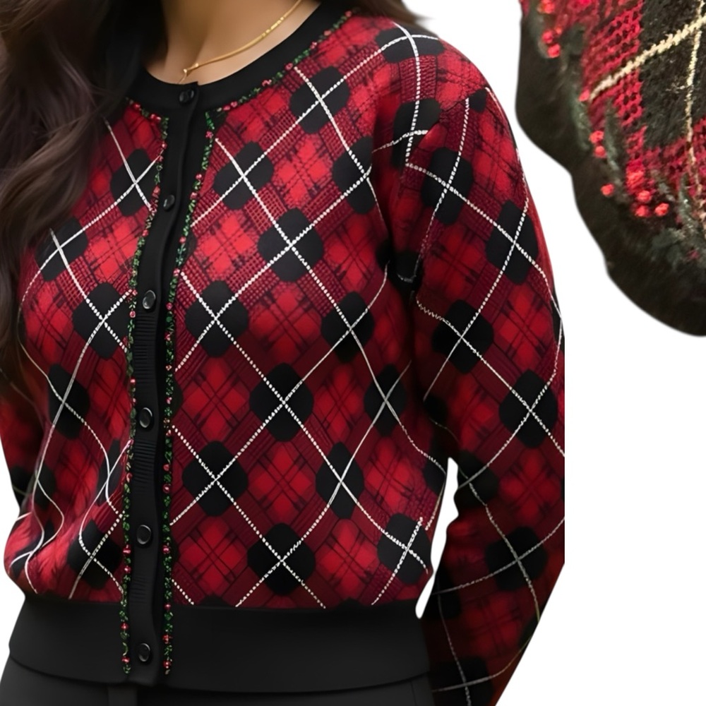 Talbots Red and Black Plaid Cardigan